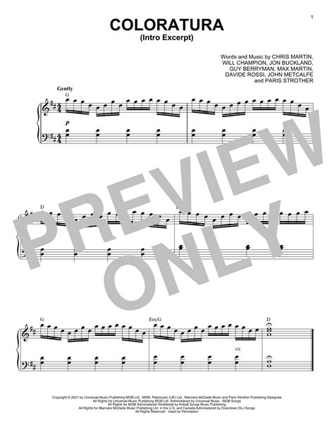 Coloratura Intro Excerpt Sheet Music Coldplay Piano Solo