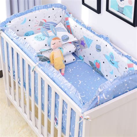 Choose a fun theme for your baby's nursery with adorable crib bedding sets with accent colours, patterns, and adorable animals. 6pcs/set Blue Universe Design Crib Bedding Set Cotton ...