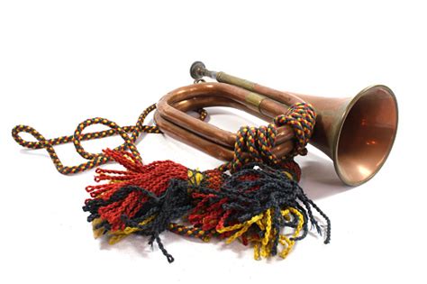 A Brass And Copper Small Bugle Instrument On White Background Stock