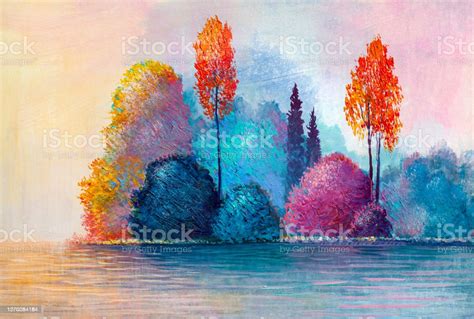 Oil Painting Landscape Autumn Forest Near The River Colorful Autumn