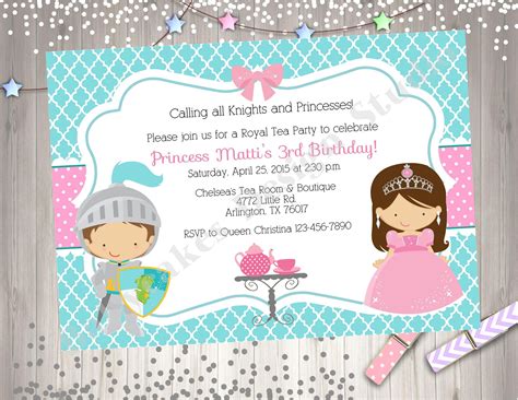 Knights And Princess Tea Party Birthday Invitation Invite Etsy Tea