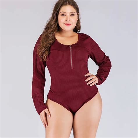 Plus Size Xl Women Spring Bodysuit Tops Solid Color Ribbed Round Neck