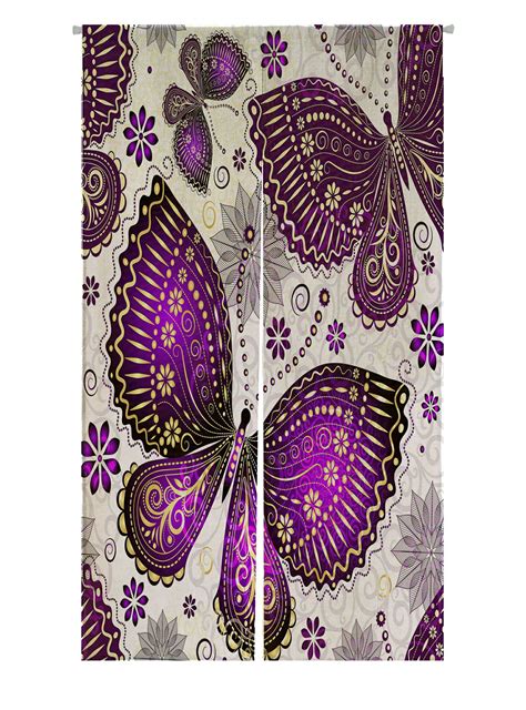 Abphqto Spring Violet Gold Butterflies Flowers Japanese Noren Curtain