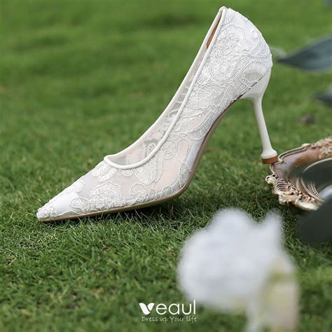 Chic Beautiful White Lace Flower Wedding Shoes 2021 8 Cm Stiletto Heels Pointed Toe Wedding