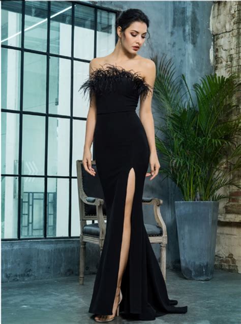 Pp101 Classy Black Strapless Feather Prom Dress Feather Prom Dress Party Dress Outfits
