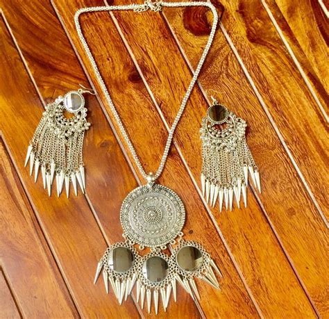 Hot Afghani Silver Oxidized Necklace Set With Earrings Spike Drops