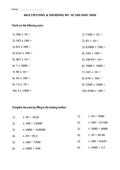 Multiplying And Dividing By 10 And 100 Worksheet Year 4 Julia Winton