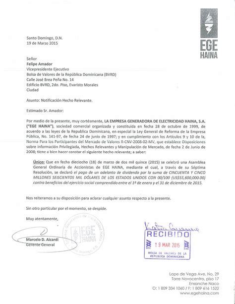 Acuse De Recibo Carta Bvrd Notificacion Hecho Relevante Declaracion