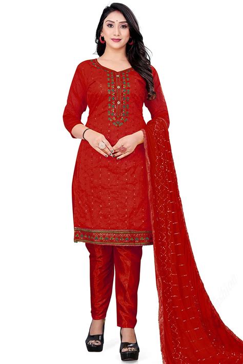 Latest Fashion Embroidered Chanderi Silk Red Trouser Suit Lstv118100