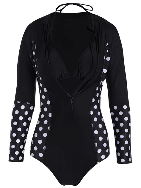 28 OFF One Piece Zip Polka Dot Long Sleeve Swimsuit Rosegal