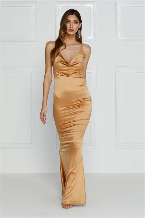 Crisantemi Gold Satin Dress With Cowl Neckline And Low Back Satin