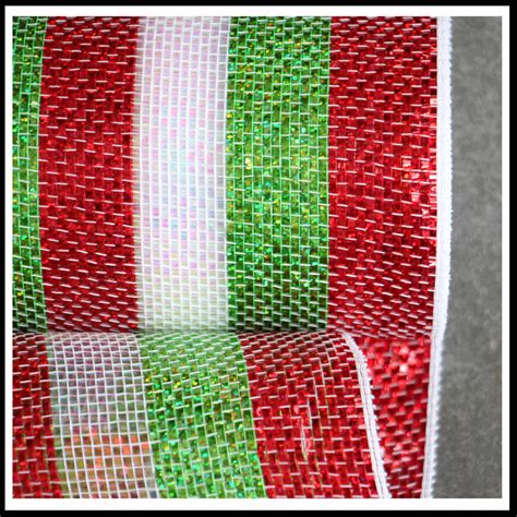 10 Inch Deco Mesh Roll Red Green And White Metallic Stripe