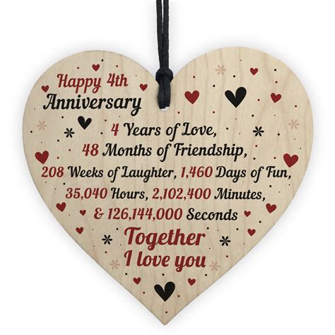 4th wedding anniversary t for him her wood heart keepsake