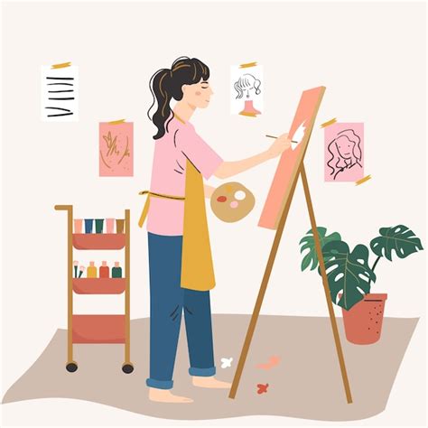 Premium Vector Woman Artist Painting On Easel Woman Hobby Activity