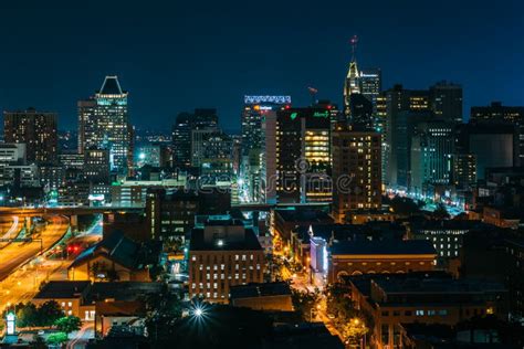 View Of The Downtown Baltimore Skyline At Night In Baltimore Maryland