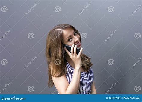 Cheerful Smiling Girl Using Phone Stock Image Image Of Mobile Happy 131447157