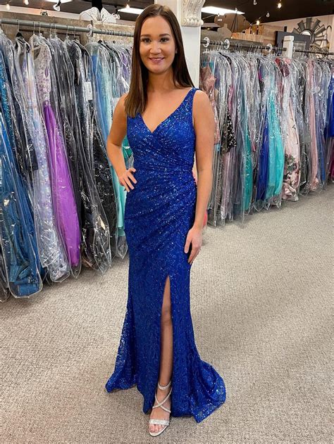 Ozakke Royal Blue V Neck Sparkly Mermaid Corset Long Prom Dress With