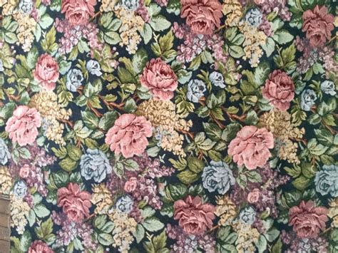 Vtg Heavy Floral Pink Teal Black Tapestry Upholstery Remnant Fabric 71