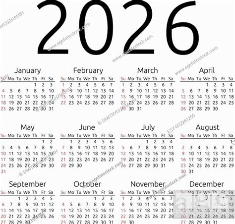 Simple 2026 Year Calendar Week Starts On Sunday Eps 8 Vector Stock