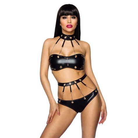 Buy Online Sexy Lingerie Set Faux Leather Design Chains Link Wet Look