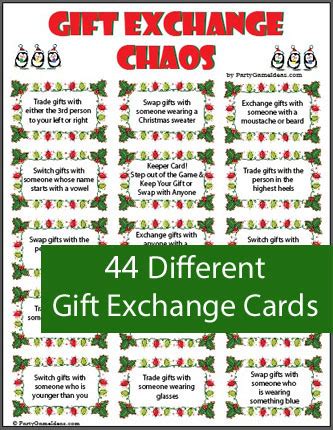 With some of our game ideas below, you can play with two of the christmas gifts must be gifts that the participant has actually received and one of the gifts is a lie. Gift Exchange Chaos - Printable Holiday Game