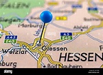 Giessen map. Close up of Giessen map with blue pin. Map with red pin ...