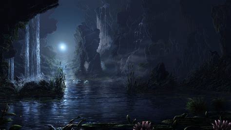 Fantasy Lake Animal Moon Waterfall Landscape Beauty Night
