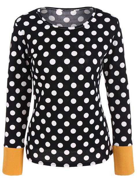 Long Sleeve Fitted Polka Dot T Shirt In Black Polka