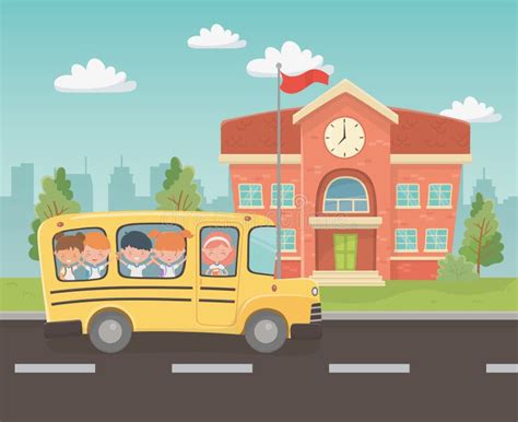 School Building And Bus With Kids In The Landscape Scene Stock Vector