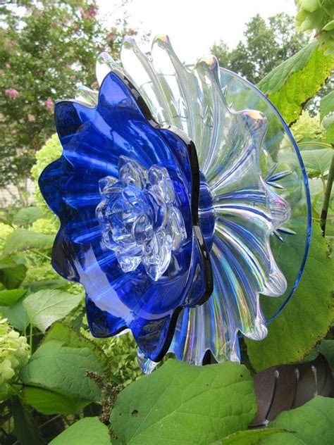 Glass Plate Flower Yard Art Outdoor Decor Upcycled Recycled Garden