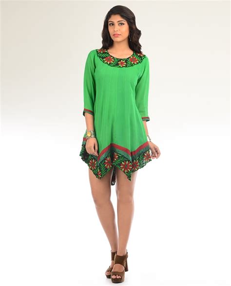 Leaf Green Tunic Dress With Asymmetrical Hem Exclusively In Green