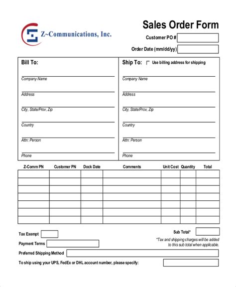 Printable Sales Order Form Template