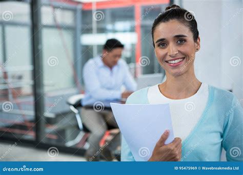 Portrait Of Smiling Businesswoman Standing With Document Stock Image Image Of Executive Male