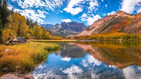 Trees Lake Clouds Grass Mountains Viewes Reflection For Desktop