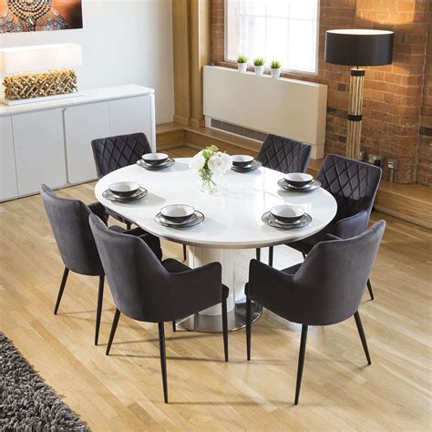 Extending Round Oval Dining Set White Gloss Table 6 Charcoal Carver