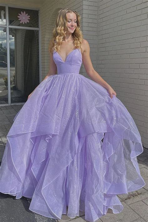 Shiny V Neck Fluffy Purple Long Prom Dress Long Purple Formal Evening