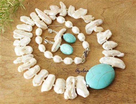 Designer Pearl Turquoise Gemstone Beaded Necklace Set At Azilaa