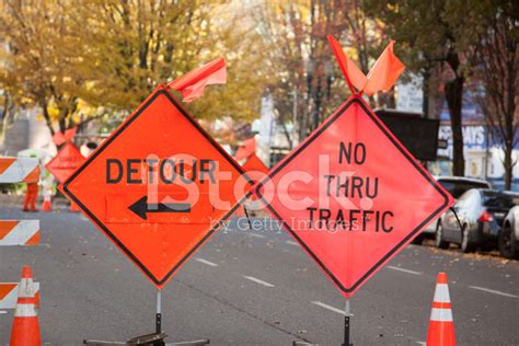 Traffic Signs Showing Road Closed With A Detour Stock Photo Royalty