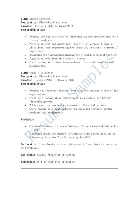 Oracle professional with 15 years of experience in it and 12 years of functional experience in value chain planning (ascp, io and demantra forecasting), manufacturing, distribution and supply chain modules. Resume Samples: Financial Consultant Resume