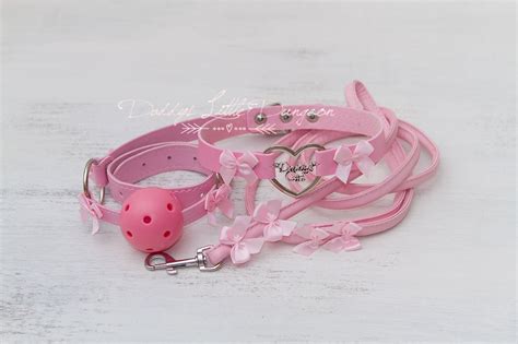 ddlg pretty pink bdsm bondage collar leash ball gag set bows etsy