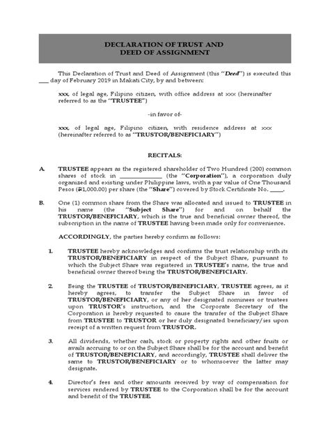 Declaration Of Trust And Deed Of Assignment Sample Trust Law Trustee