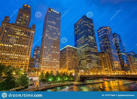 Skyscrapers Along The Chicago River At Night In Chicago Illinois