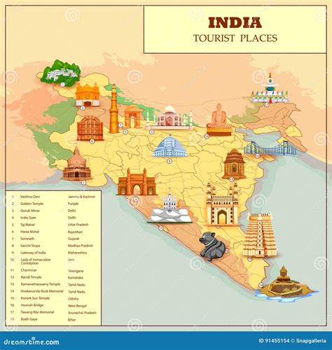Famous Tourist Attraction Place Map Of India Stock Vector