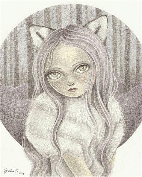 Girl Wolf Illustration Original Pencil Drawing By Thewishforest Girl