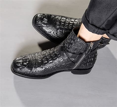 Crocodile Hornback Skin Zipper And Buckle Ankle Boots For Men Buckle