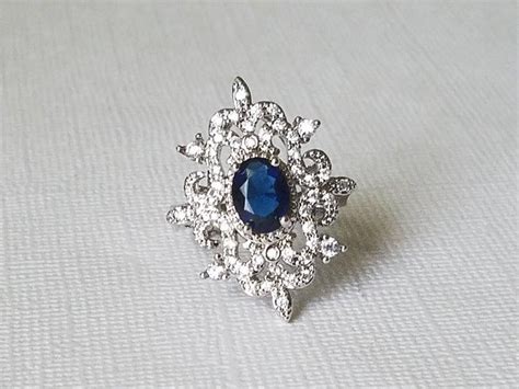 Navy Blue Teardrop Ring Rhodium Plated Dark Blue Halo Ring Sapphire
