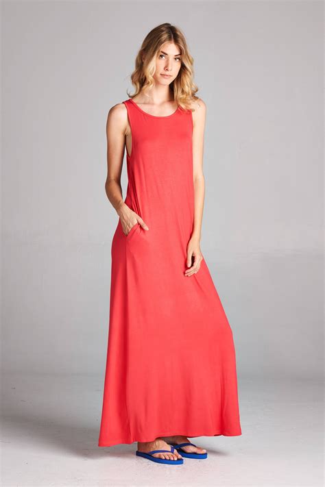 On Trend Women S Round Neck Soft Maxi Tank Dress With Side Pocket