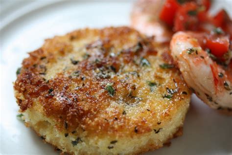 Pan Fried Cheese Grits Cakes With Lemon And Olive Oil Marinated Shrimp