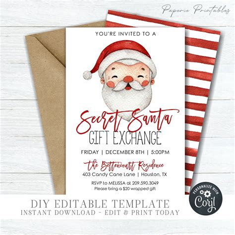 Editable Secret Santa T Exchange Invitation Secret Santa Etsy