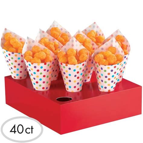Bright Rainbow Polka Dot Snack Cones With Stands 40ct Party Food